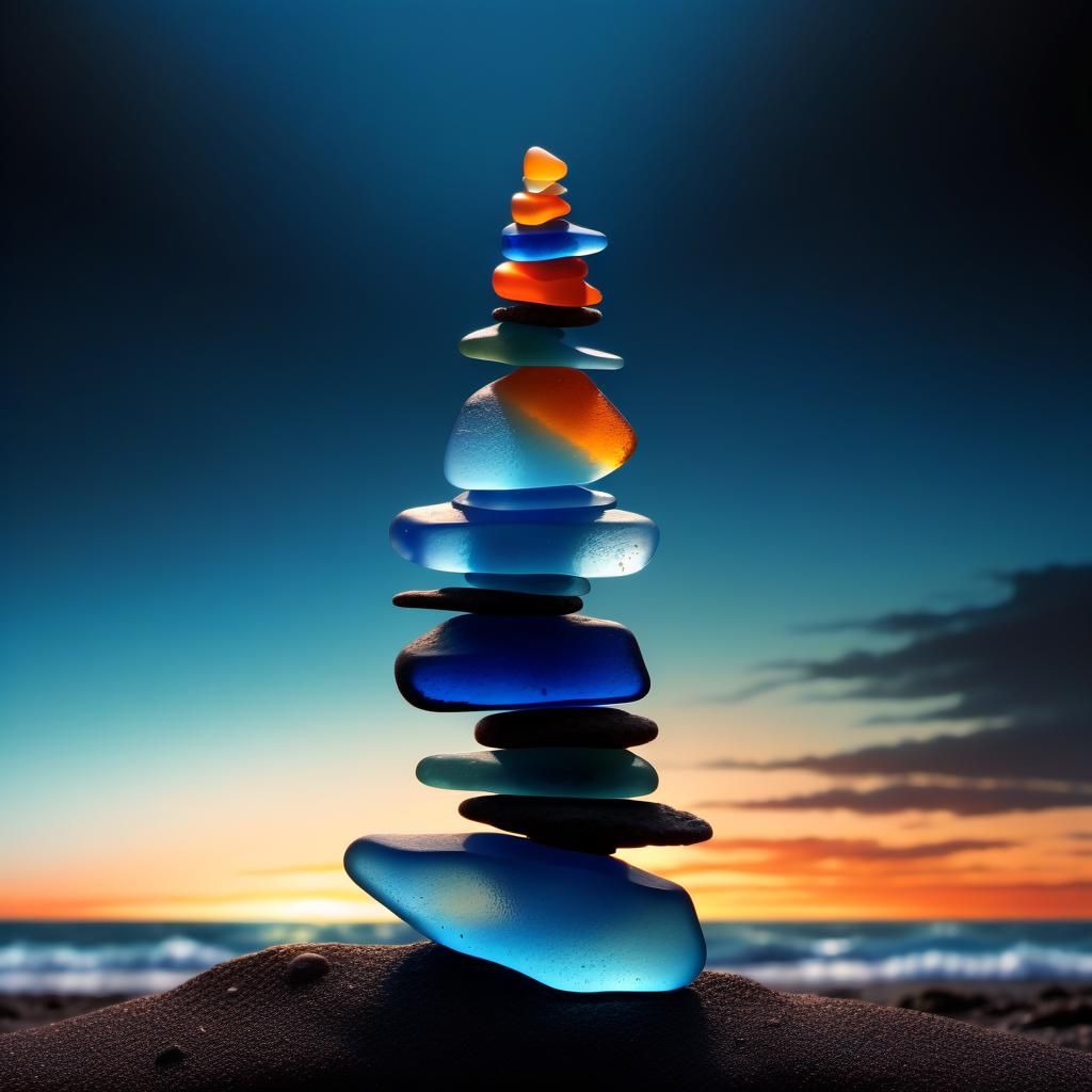 Balanced Sea Glass Tower at Sunset