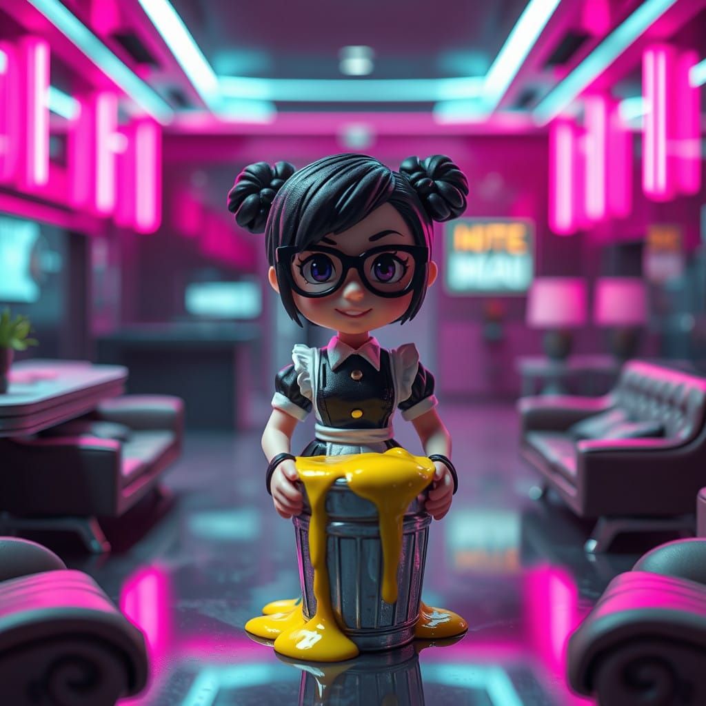 Sleek Cyberpunk Hotel Lobby with Maid Figurine and Slime Buc...
