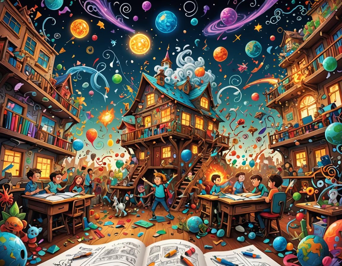 Chaotic Classroom Doodles: A Fantasy Matte Painting