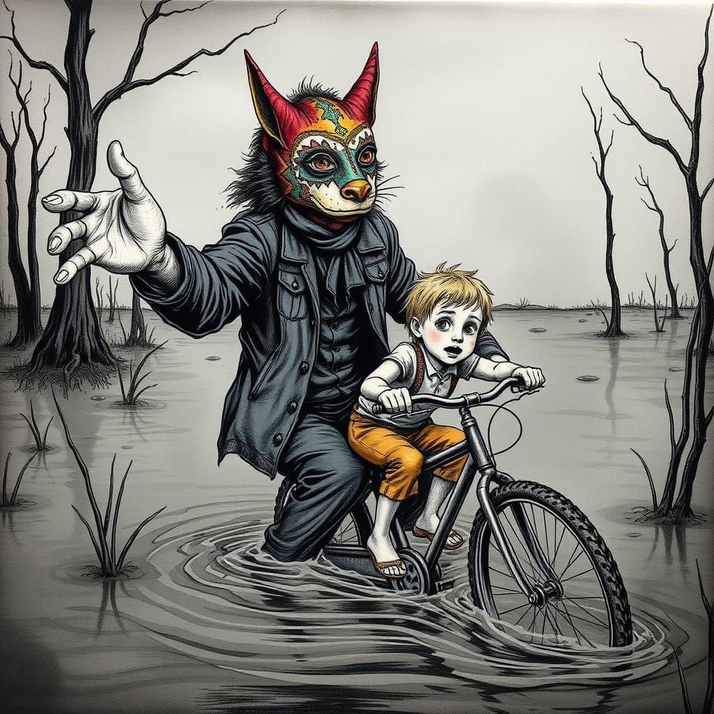 Man with Mask Reaching for Child, Dürer Style