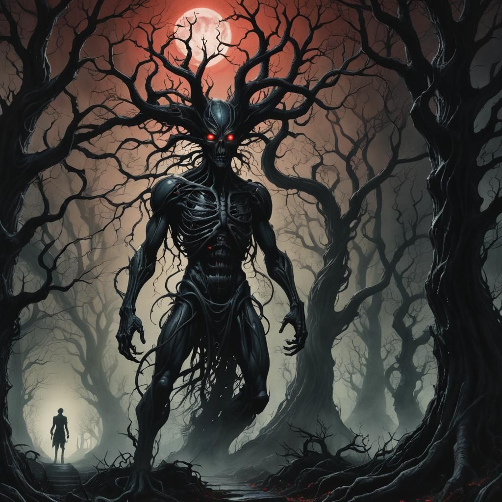 Dark Fantasy Figure at Pathway Under Black Moon