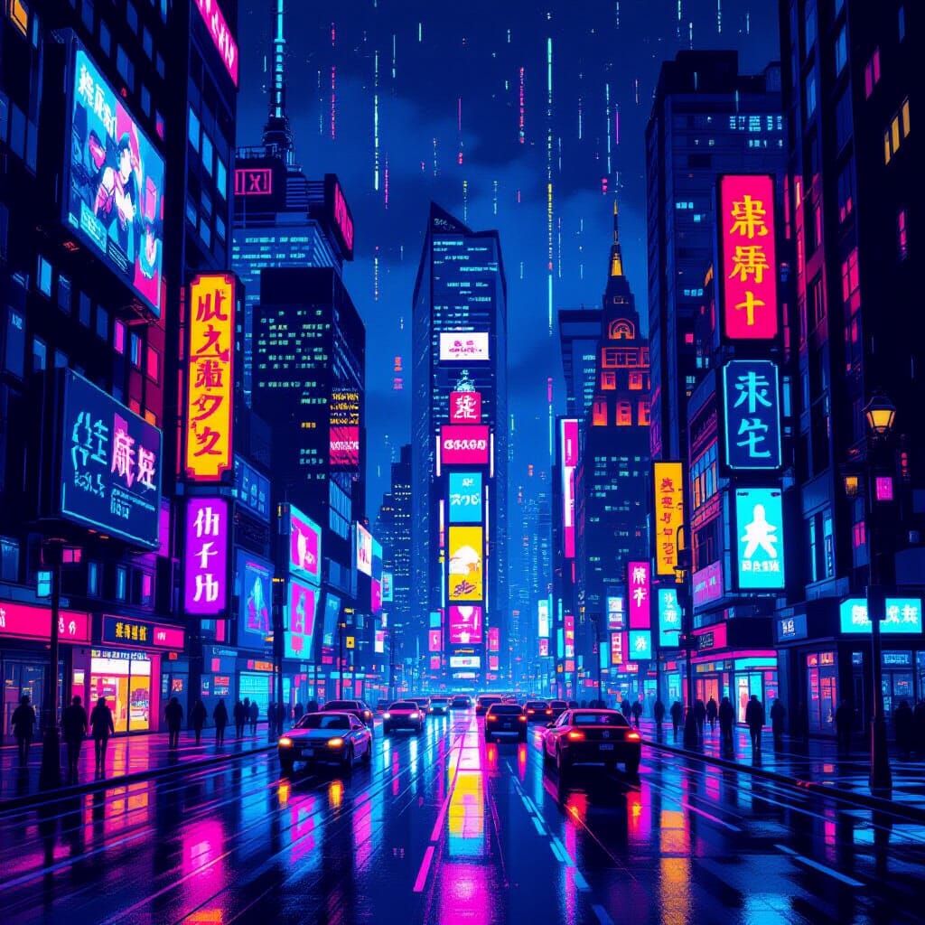 Pixel Art Metropolis at Night in Cyberpunk Style