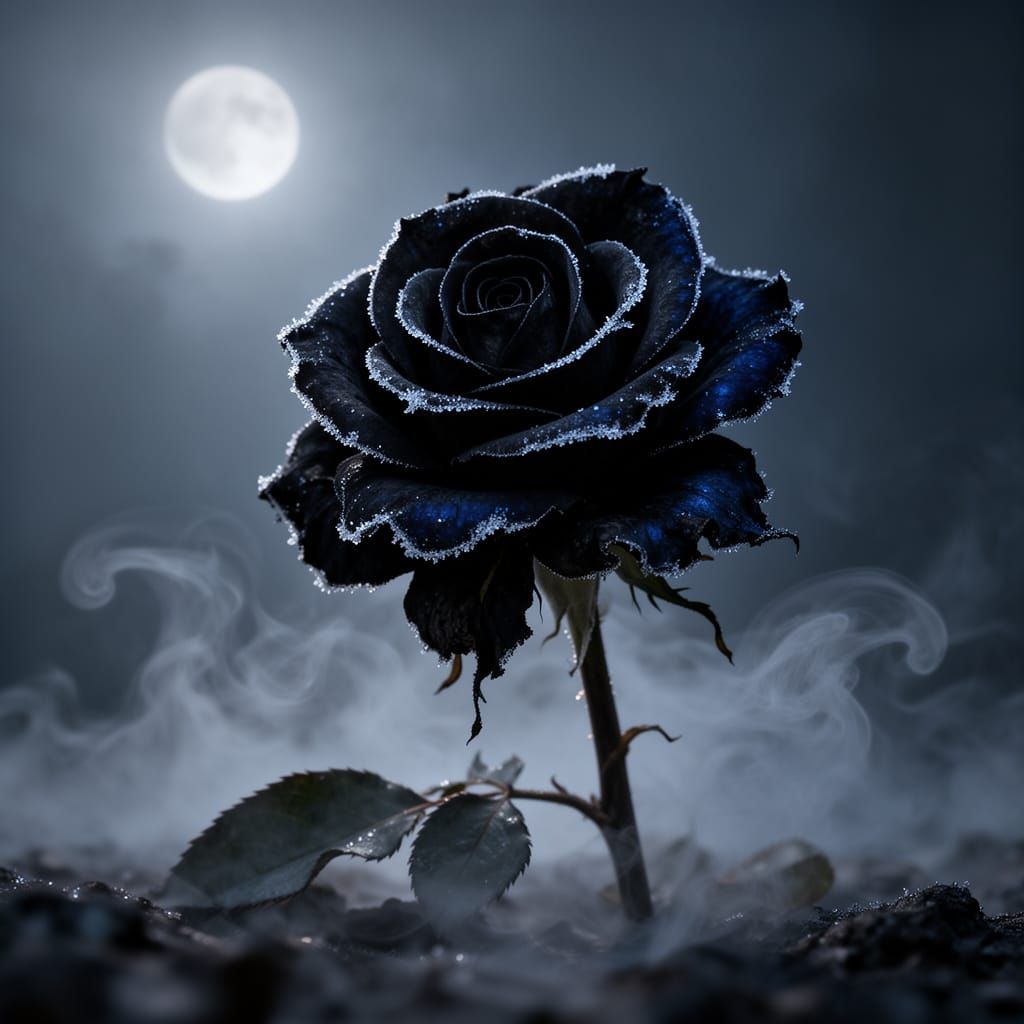 Melancholic Black Rose Wilting Under Spectral Moonlight