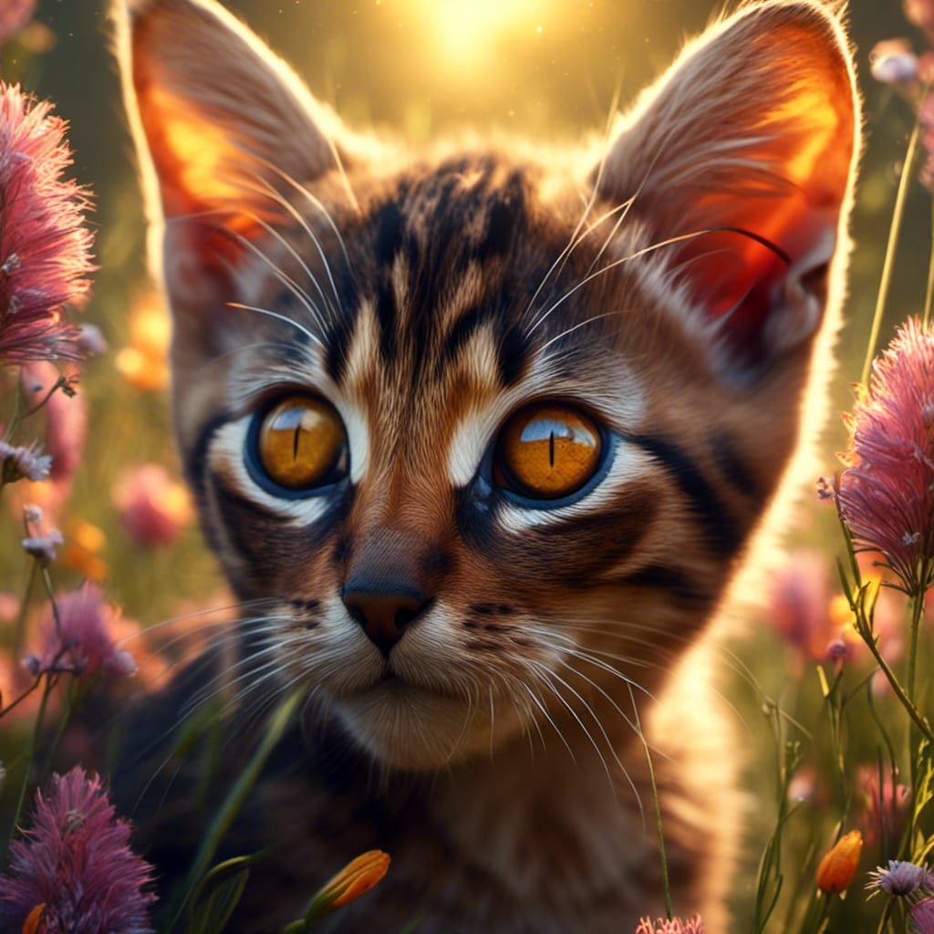 Hyperrealistic Abyssinian Kitten in Sunny Meadow