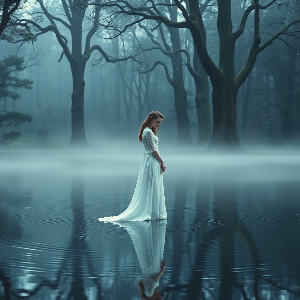 Woman in White Gown Reflecting in Misty Forest