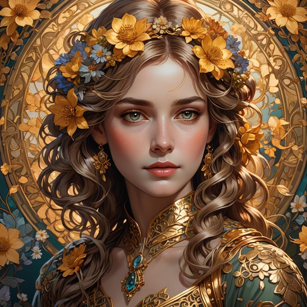 Luminous Art Nouveau Portrait with Golden Accents