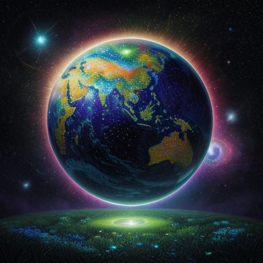 Ethereal World Tarot Card in Vibrant Cosmic Style