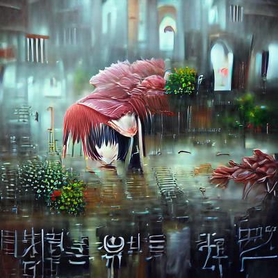 Sorrow in Rain: Beautiful Anime-Style Painting