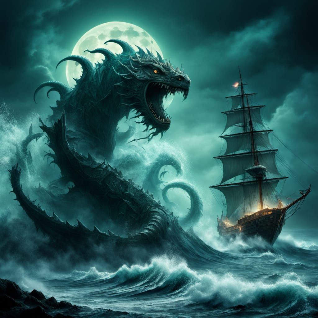 Dark Fantasy Scylla Attacks Ship in Moonlit Ocean