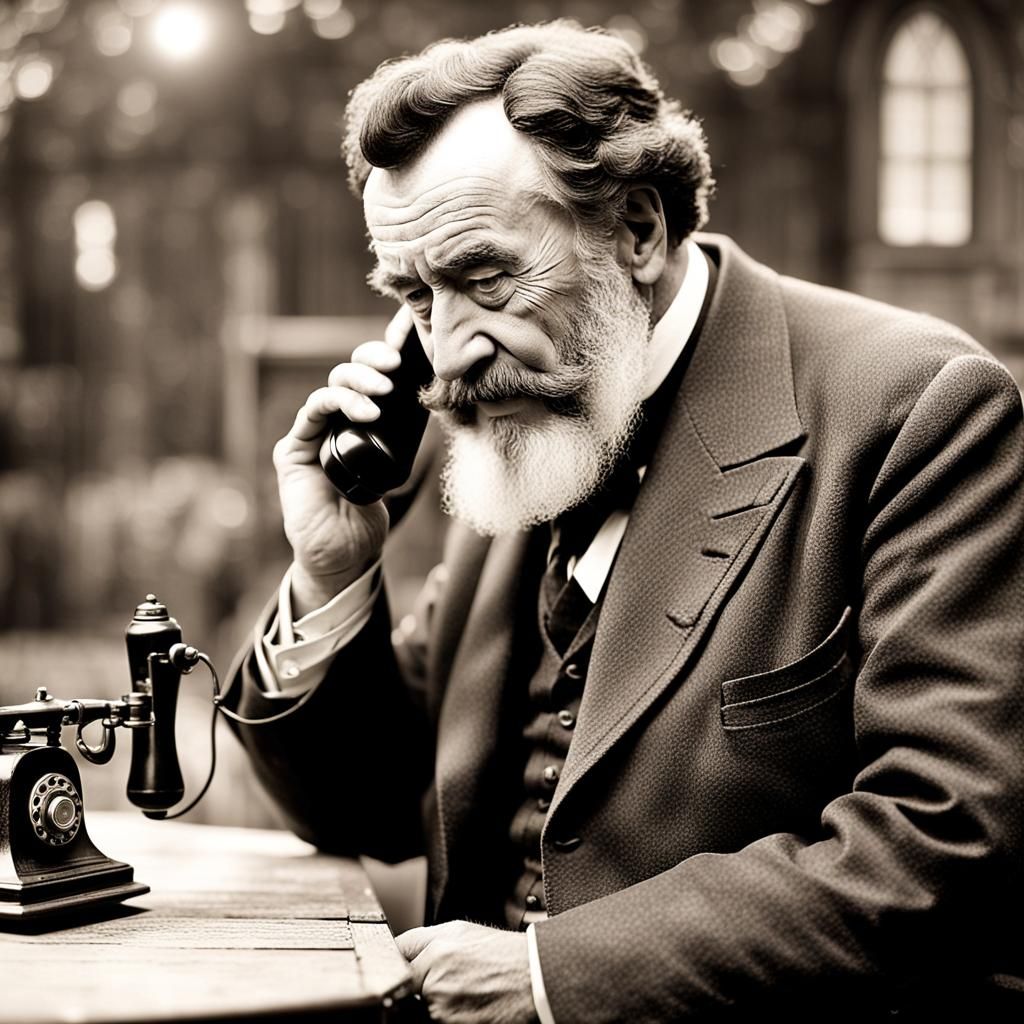Graham Bell Tests Mobile Phone: Sepia Photograph