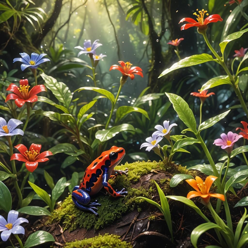 Cute Red Poison Dart Frog in Enchanted Rainforest