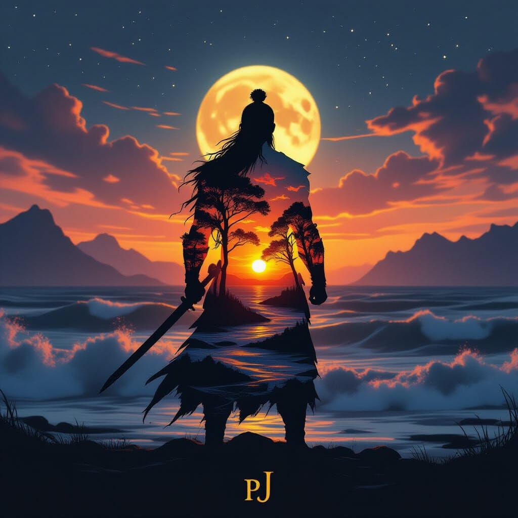 Lone Warrior Merges With Fiery Sunset Sea Double Exposure