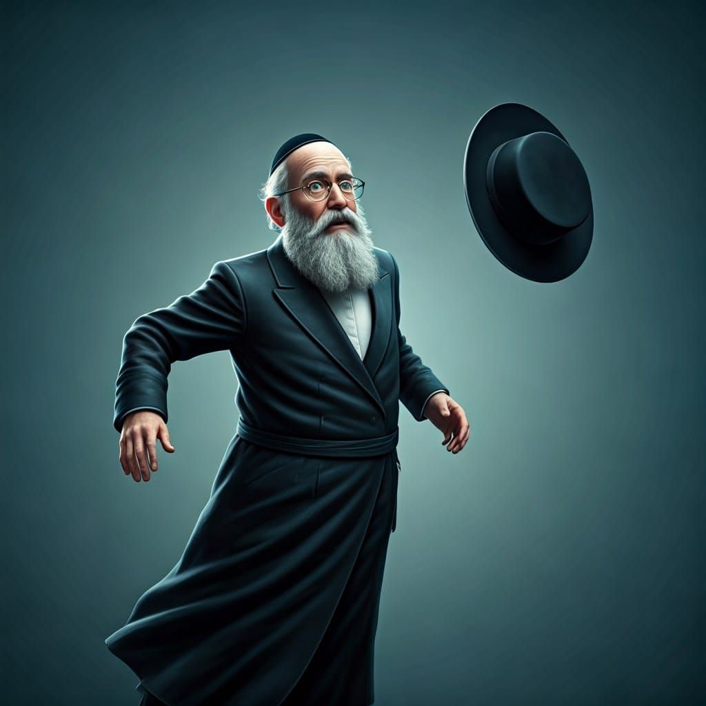 Distraught Hasidic Rabbi in Panic, Coat Flying in Fantasy La...