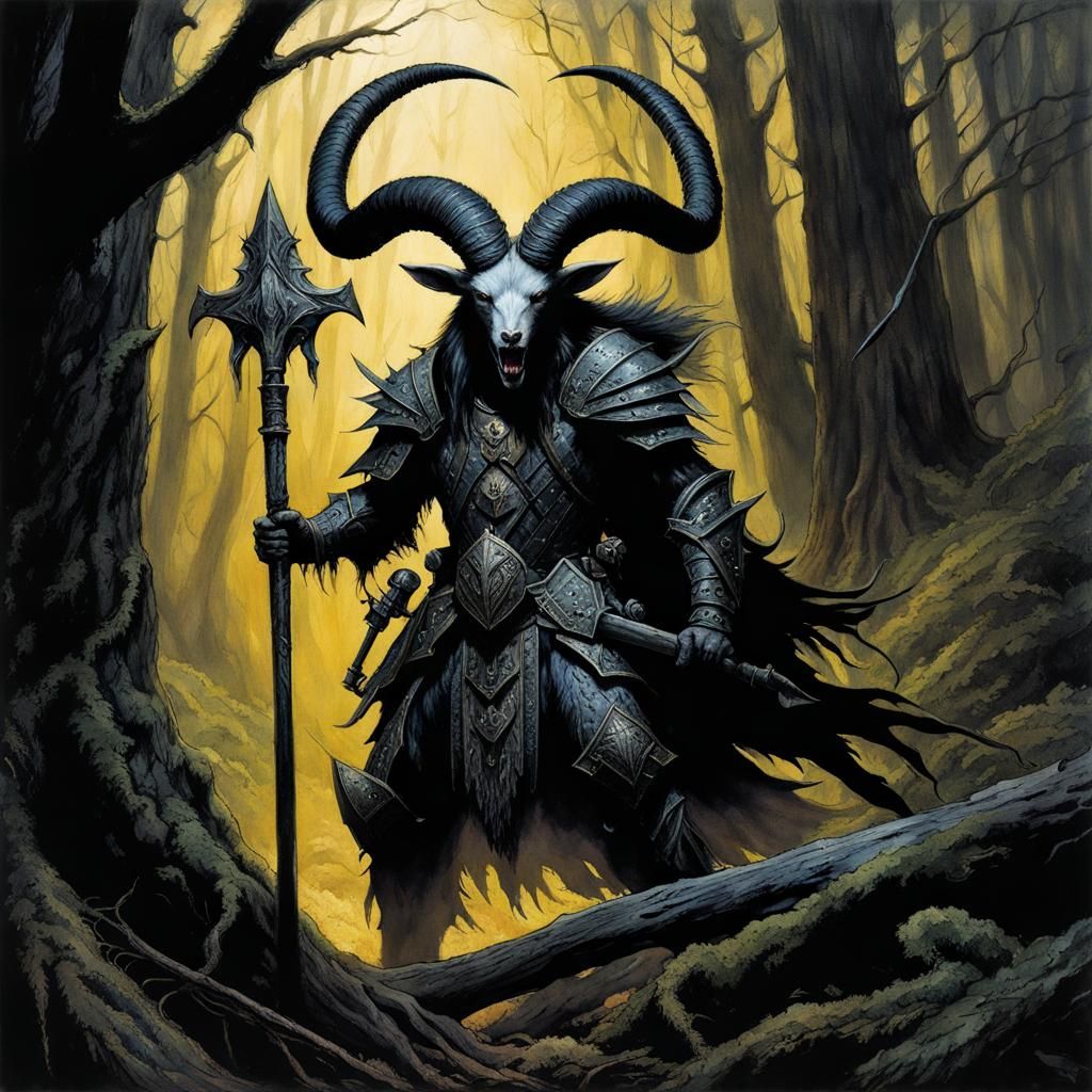 Anthropomorphic Goatmen Stalking Through Dark Forest