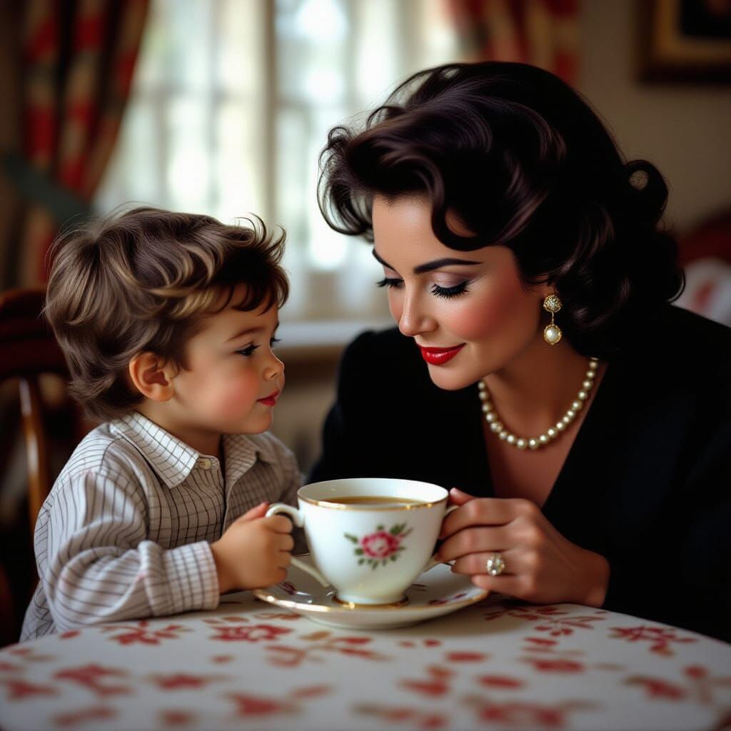 Liz Taylor and Boy Jindra Enjoying Tea
