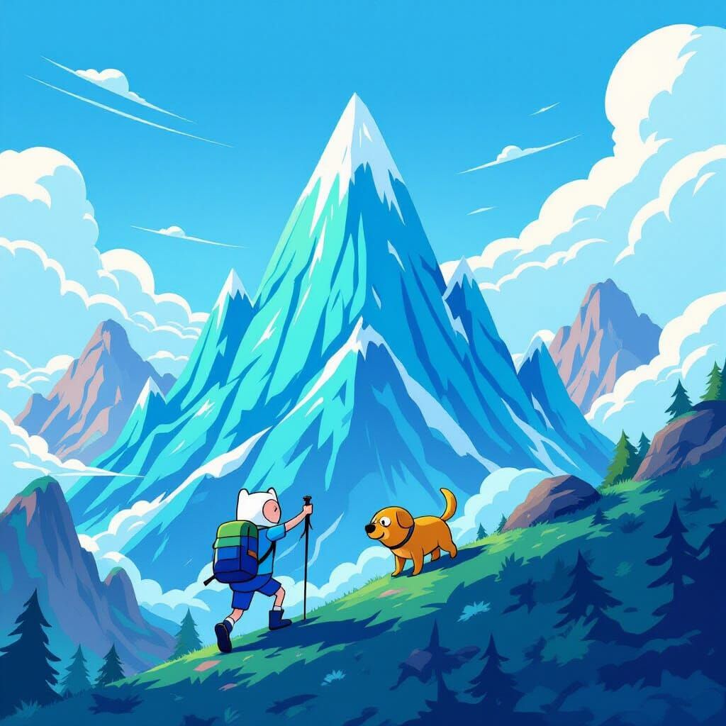Finn and Jake Hike a Vibrant Blue Mountain