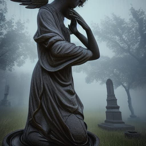 Crying Angel Statue in Cemetery with Black Roses