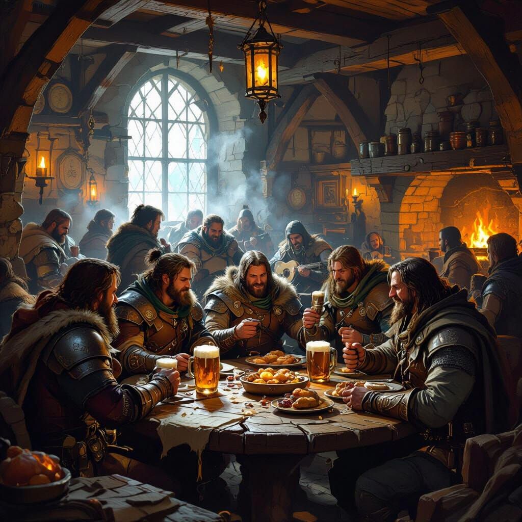 Medieval Tavern Scene: Adventurers Enjoying Ale and Stories