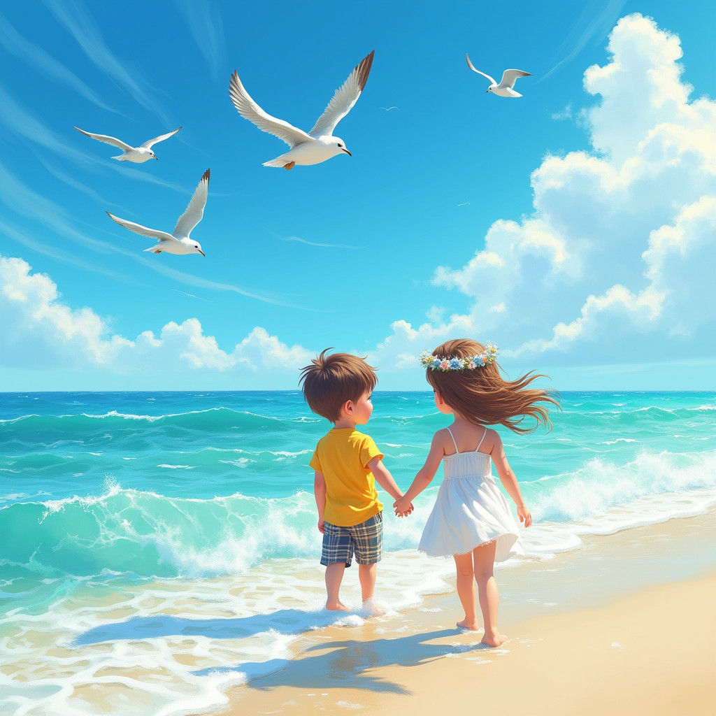 Children Walking on Windswept Beach, Matte Painting