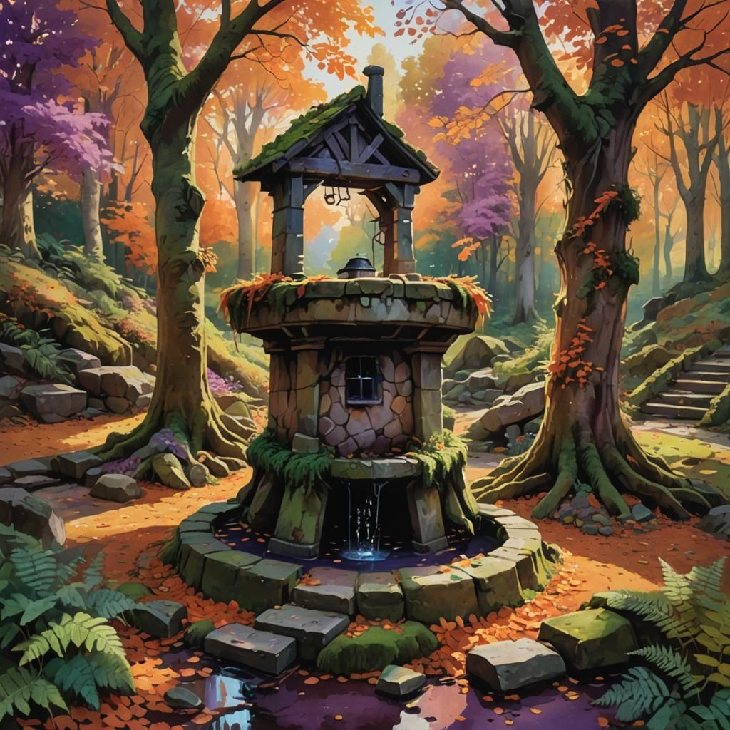 Mystical Water Well in Autumn Countryside Oil Painting
