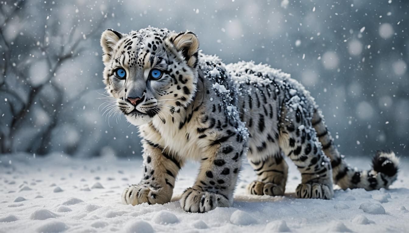 Photorealistic Snow Leopard with Robotic Eyes