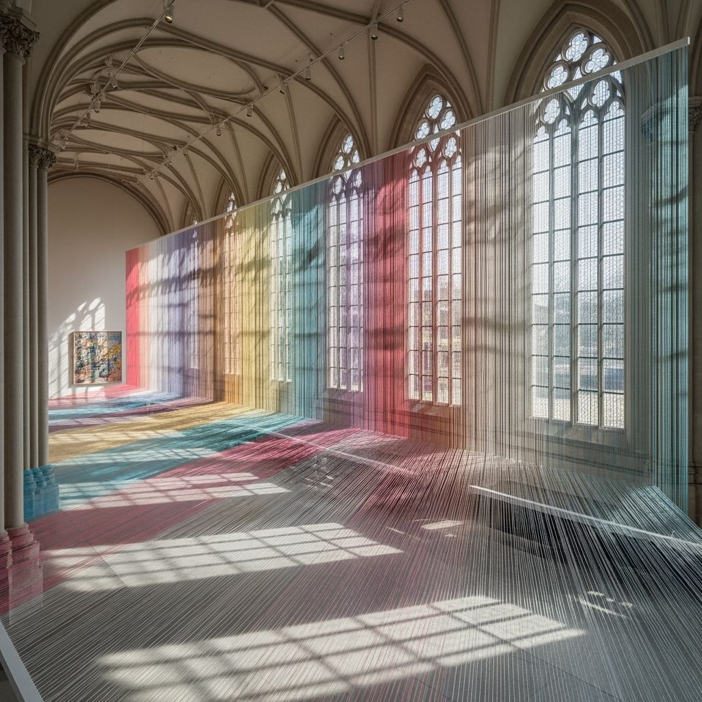 Contemporary Art Installation in Vast Gallery, Pastel String...