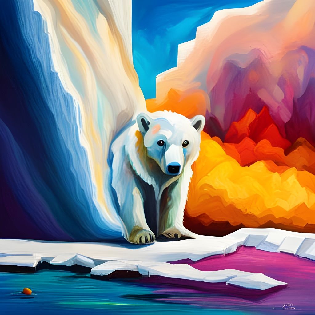 Polar Bear Cub on Melting Iceberg in Graffiti Style