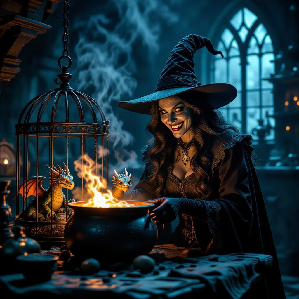 Gothic Witch Brews Potions with Terrified Dragons in Cinemat...