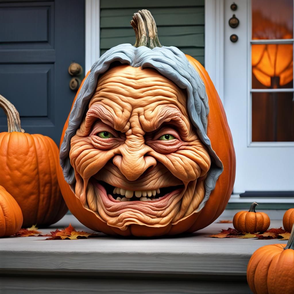 Pumpkin Crone Relief Sculpture on Front Porch