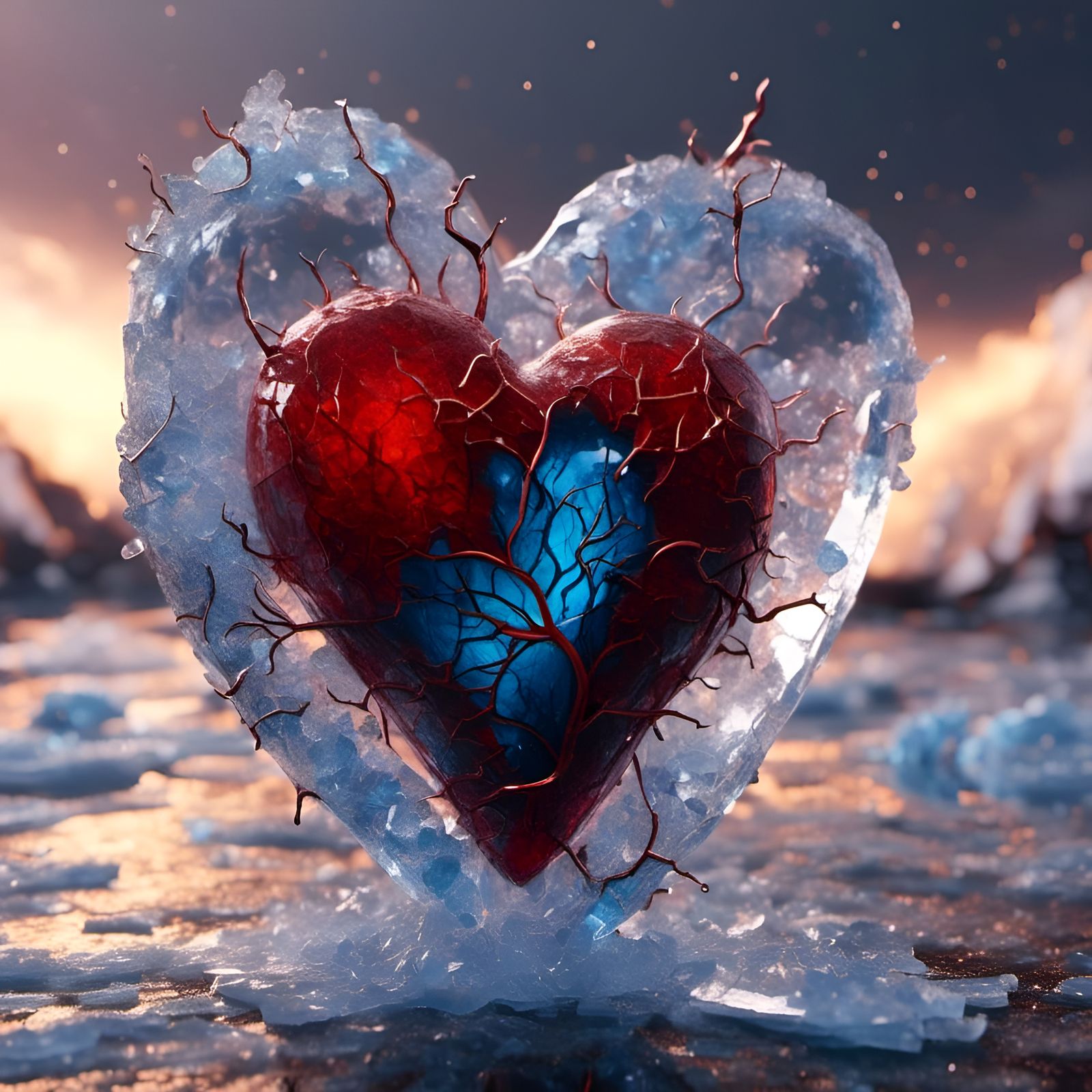 Cracked Glass Heart Floating Above Ice Cavern