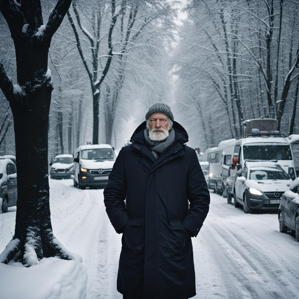 German Man Stands in Cold Weather