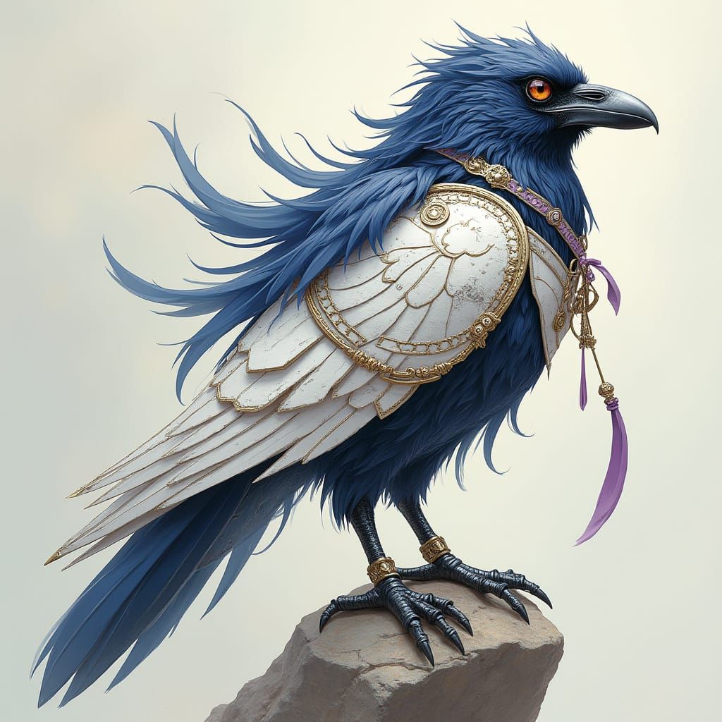 Armored Raven on Mystical Stone, Whimsical Art
