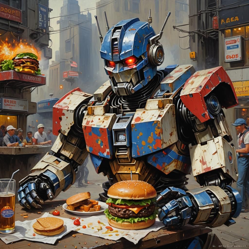 Optimus" robot eats a hamburger