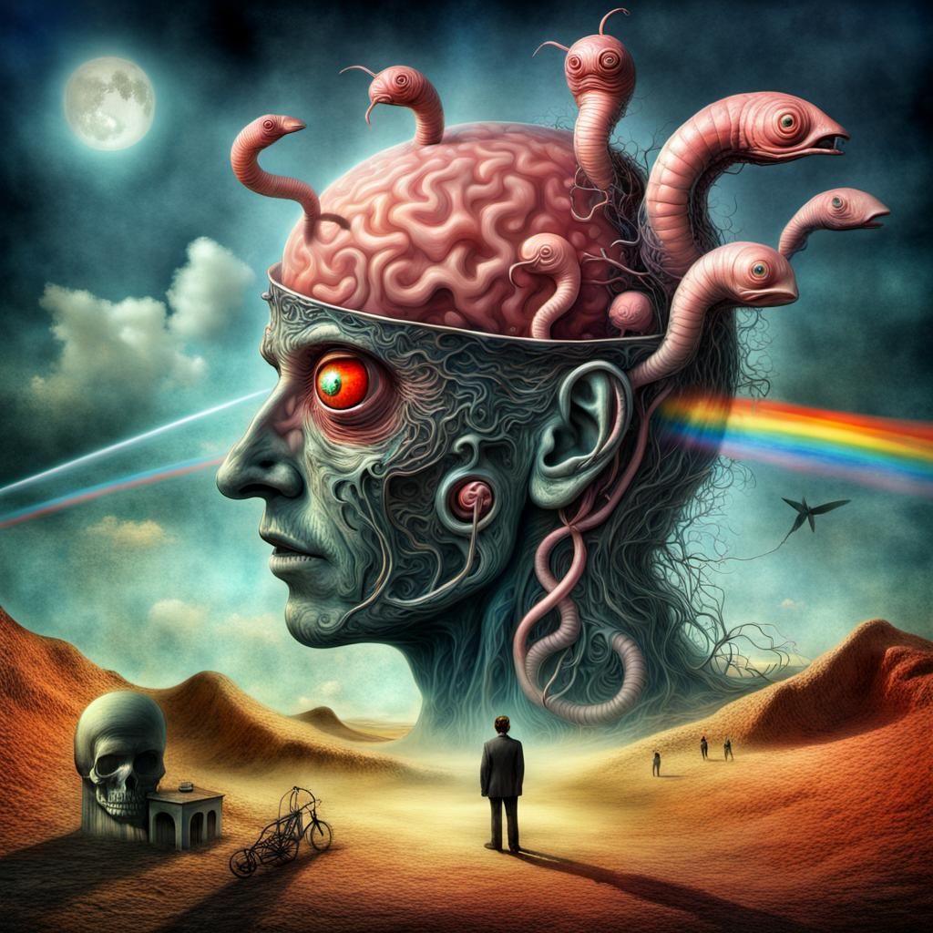 Surreal Worms Eat Brain in Visionary Art Style