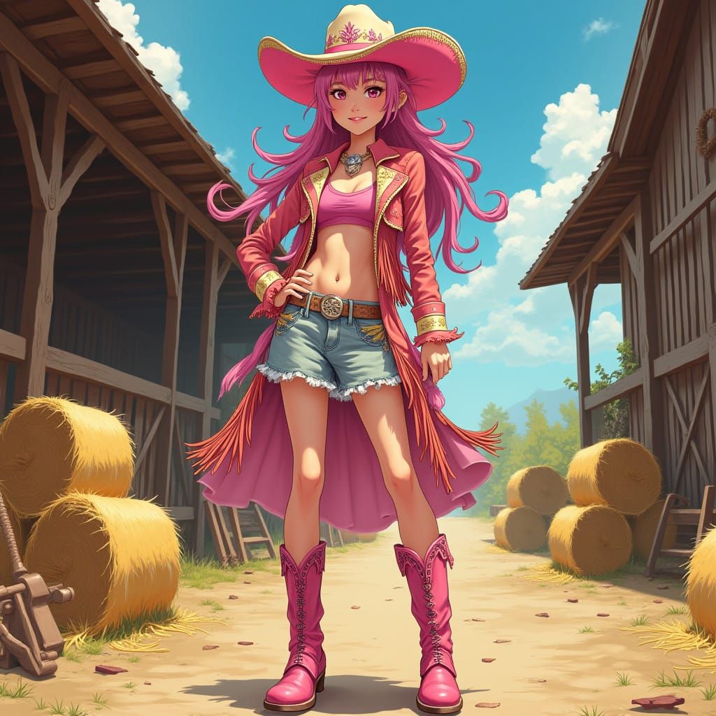 Anime Cowgirl in Vibrant Barn Setting