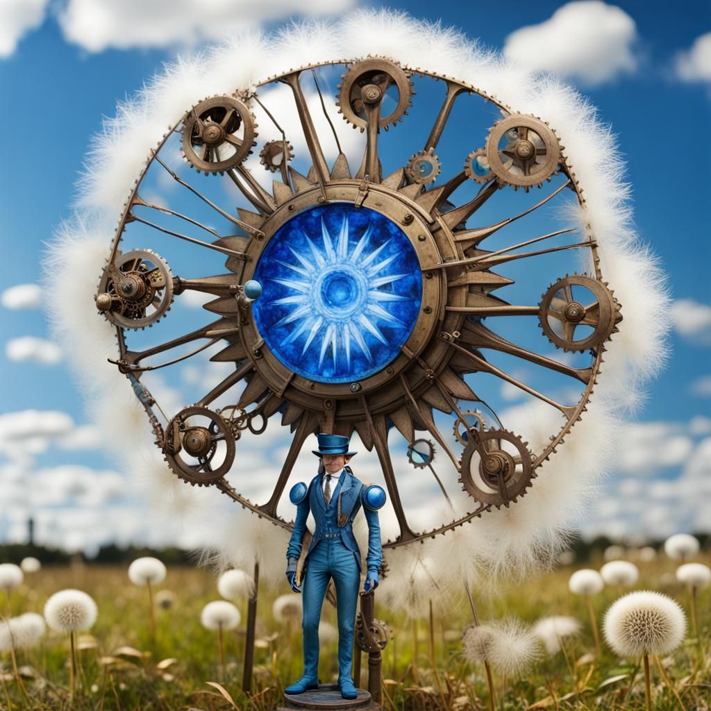 Steampunk Mechanical Dandelion with White Fluff