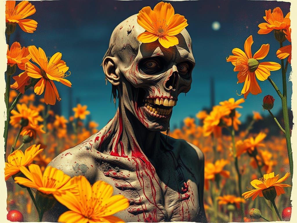 Gritty, Dark Realism of a Zombie Amidst Blooming Flowers in ...