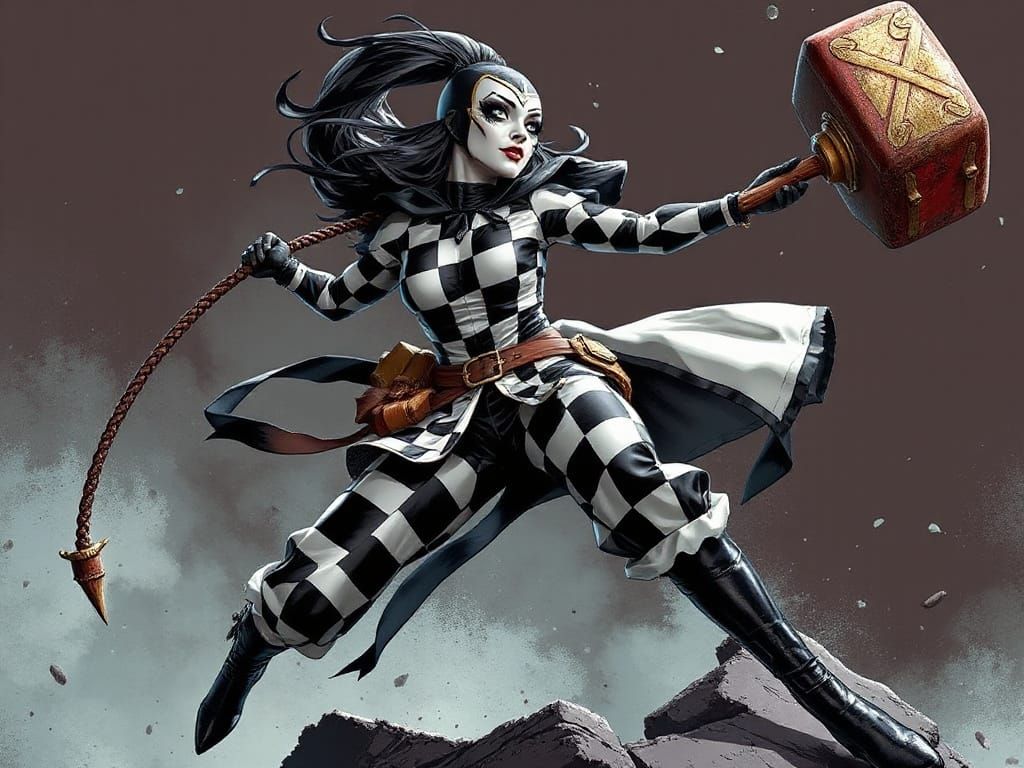 Medieval Harlequin Supervillain in Dynamic Leap