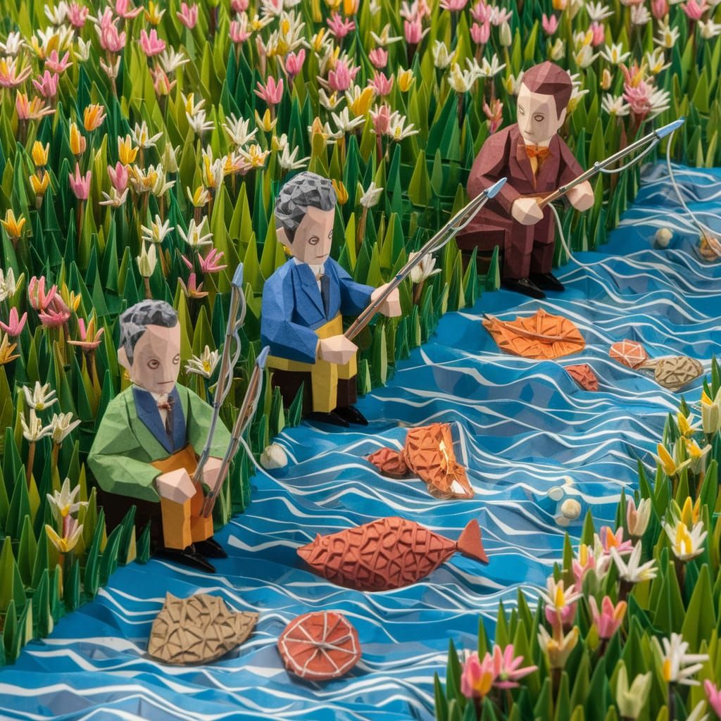 A 3D mixed media origami hyperdetailed scene of three men fi...