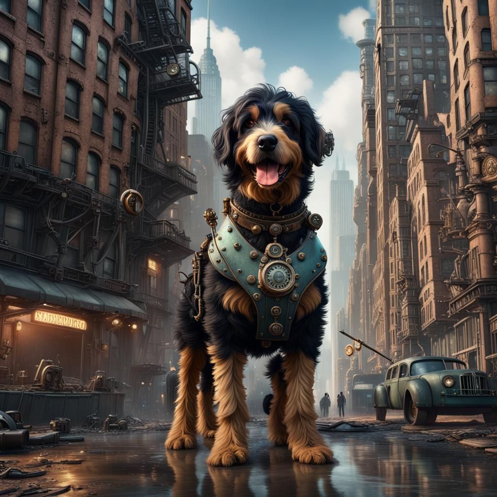 Steampunk Bernedoodle in Dystopian NYC: Detailed Matte Paint...