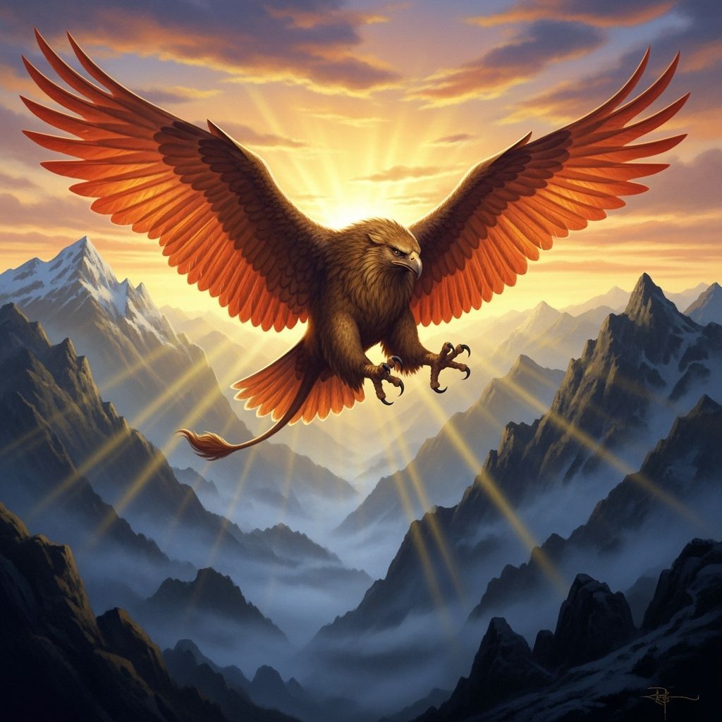 Griffin Soaring Over Misty Mountains at Dawn