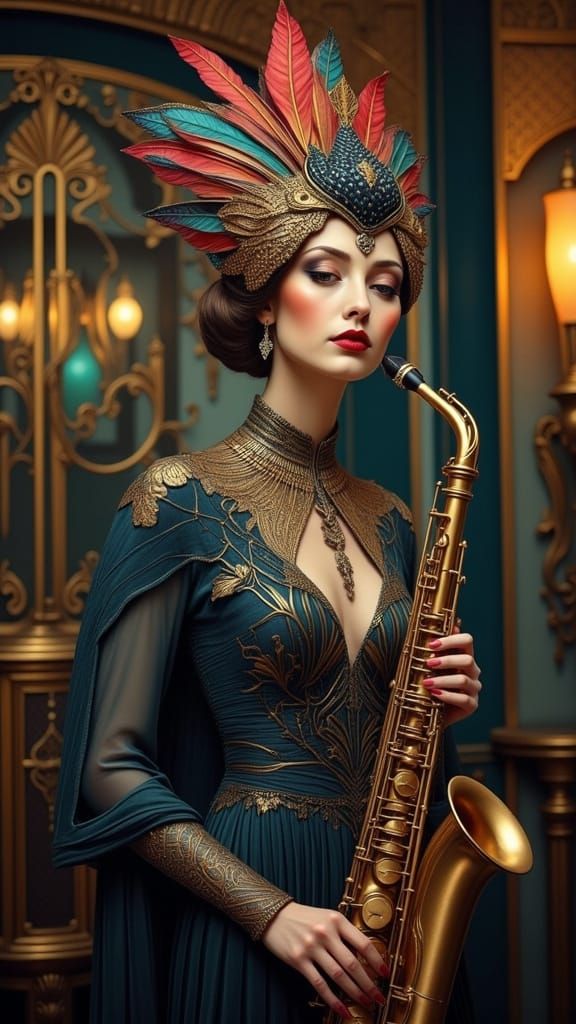 Élégant Giraffe Woman Plays Saxophone in Art Deco Jazz Club