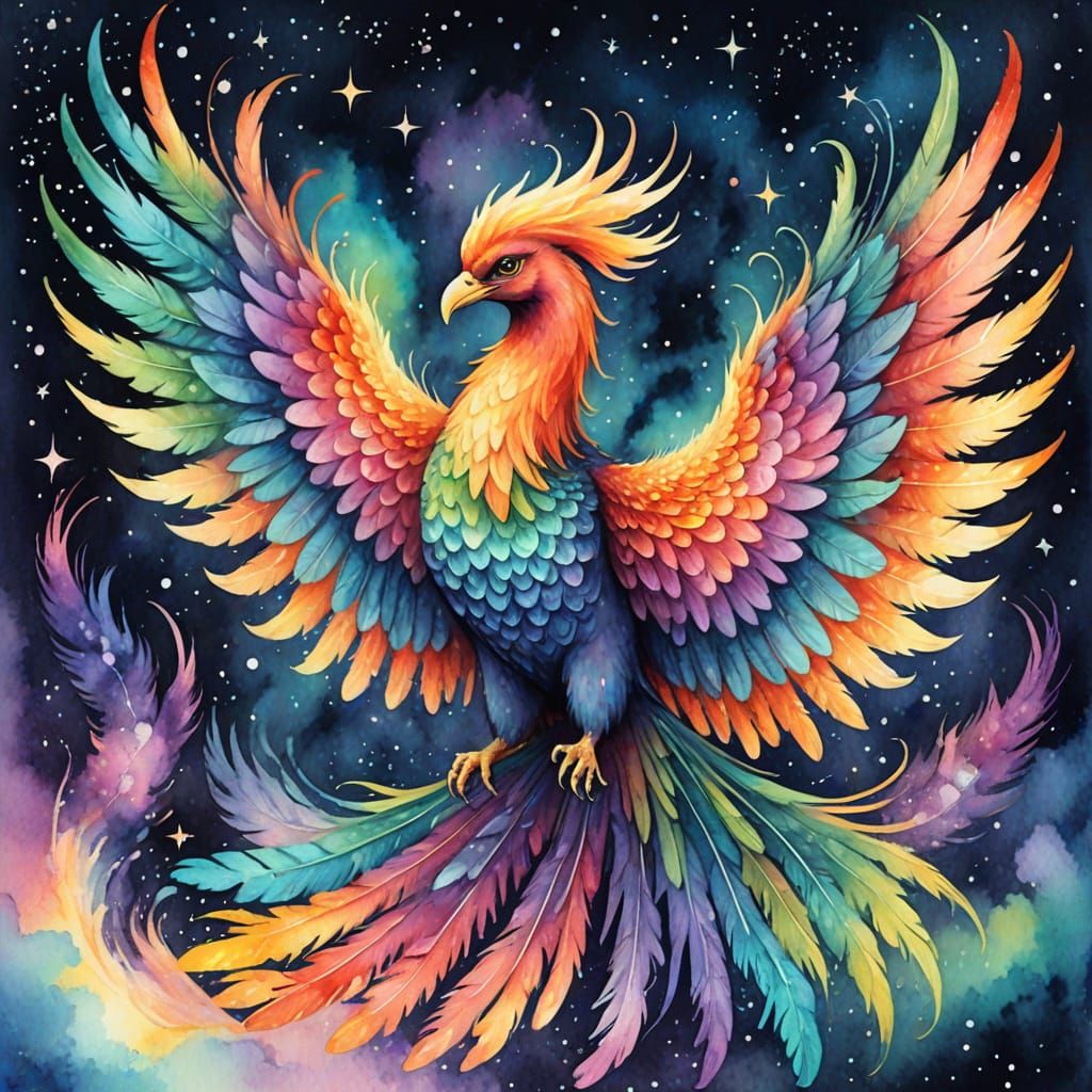 Rainbow Phoenix Soaring in Starry Watercolor Sky