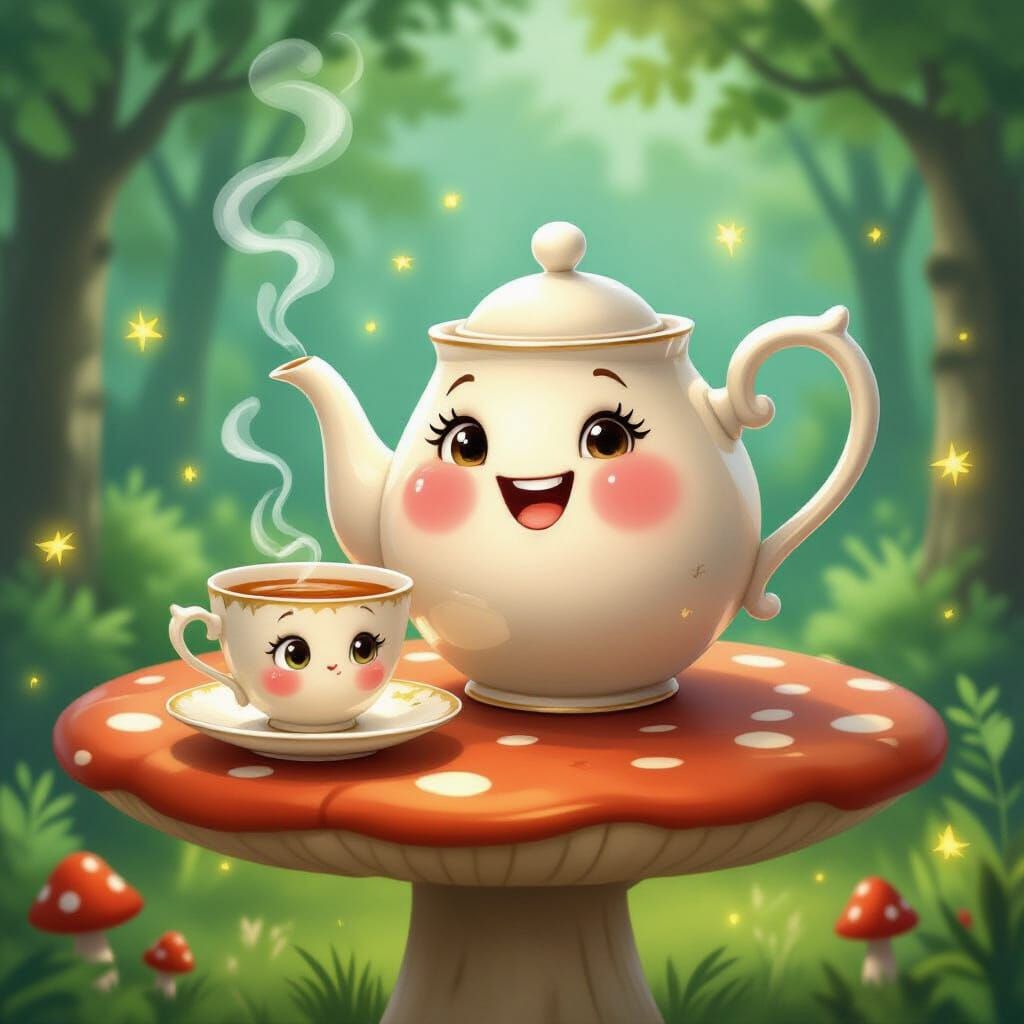 Anthropomorphic Teapot Pours Tea in Enchanted Forest