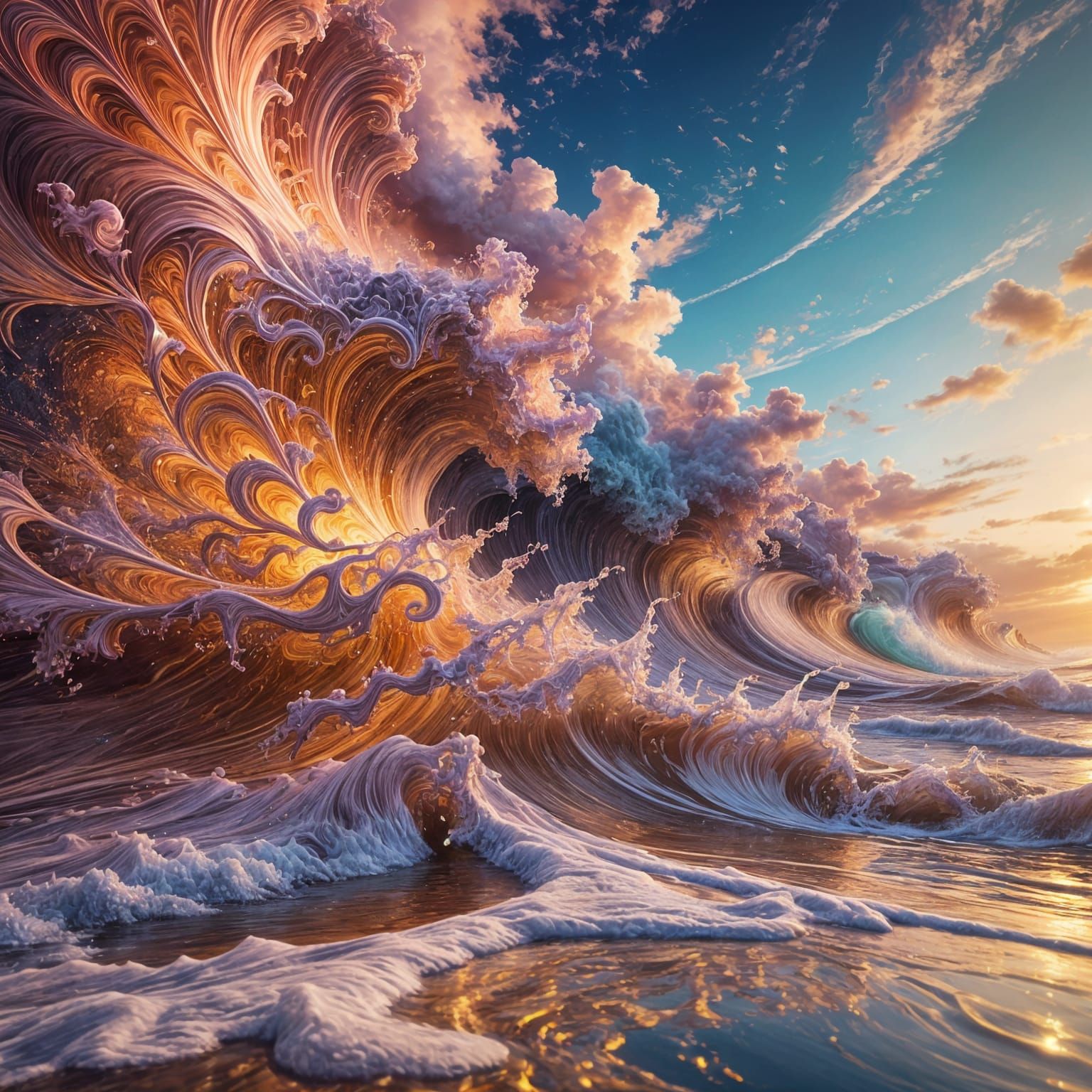 Golden Waves in Vibrant Abstract Fractal Art