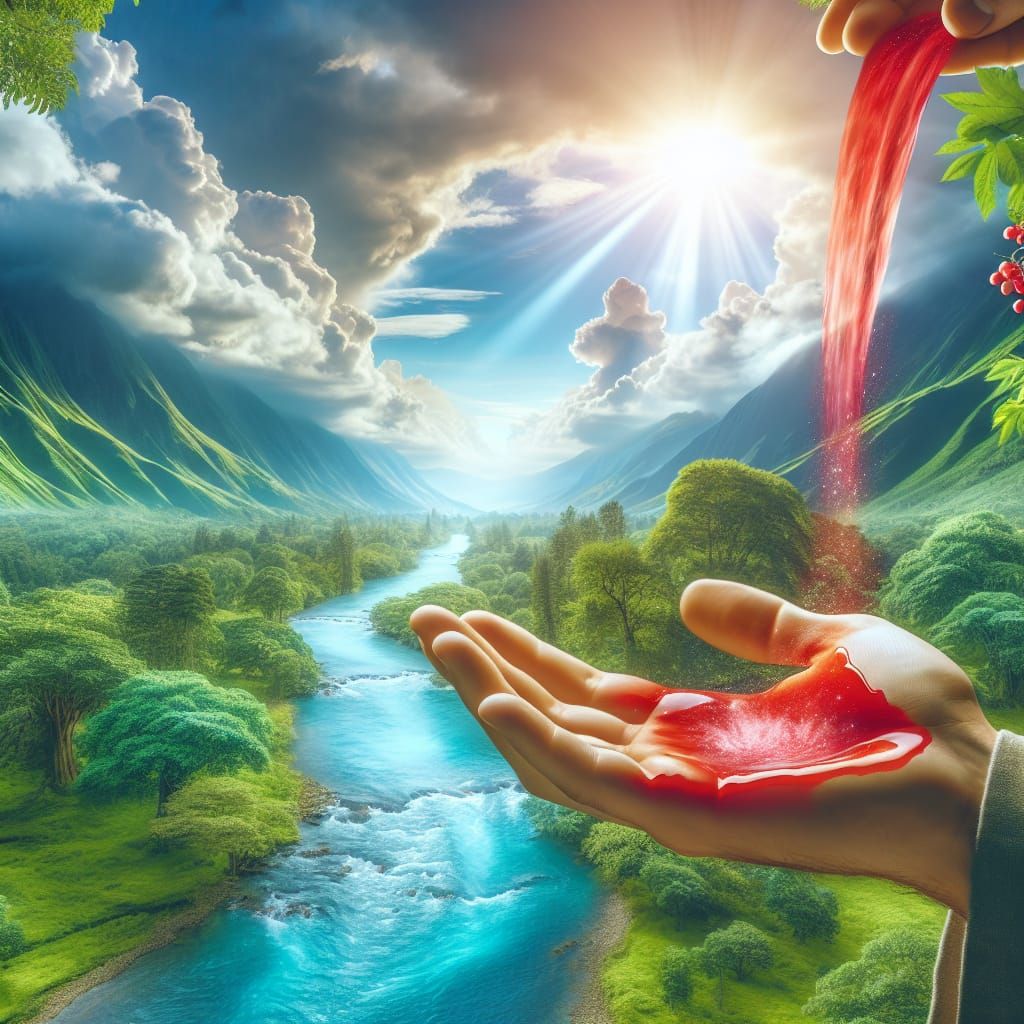 Surreal Hand Pouring Red Water into Blue River