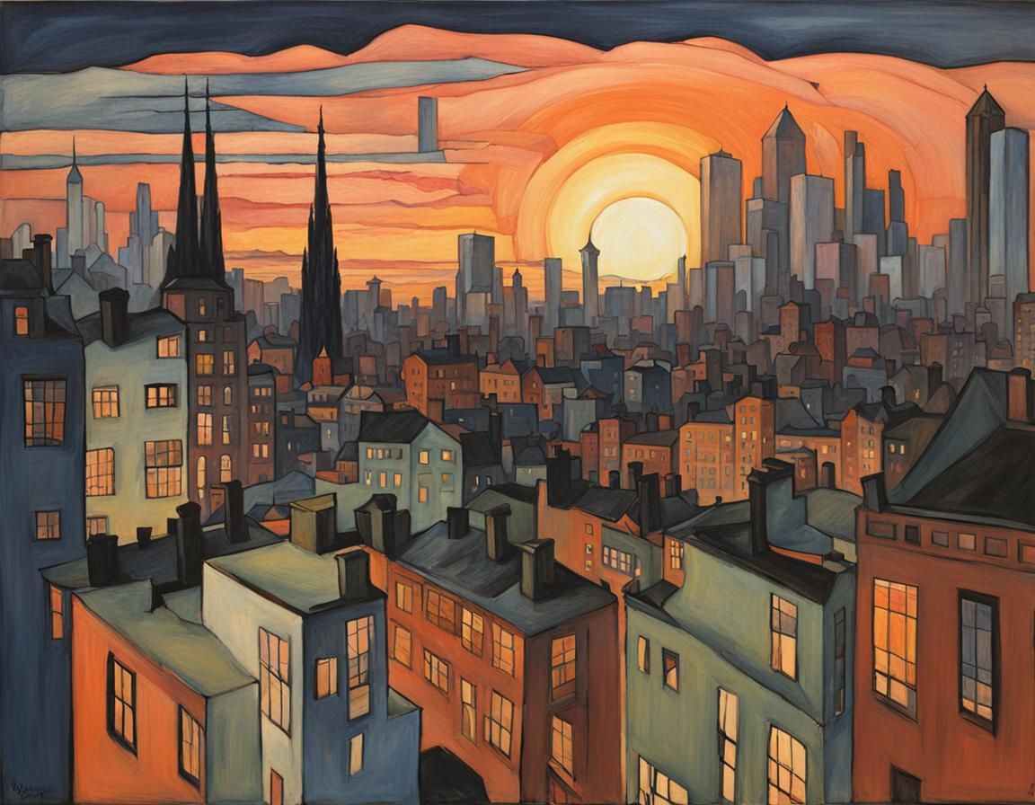 Sunset Cityscape in Early 20th-Century Style