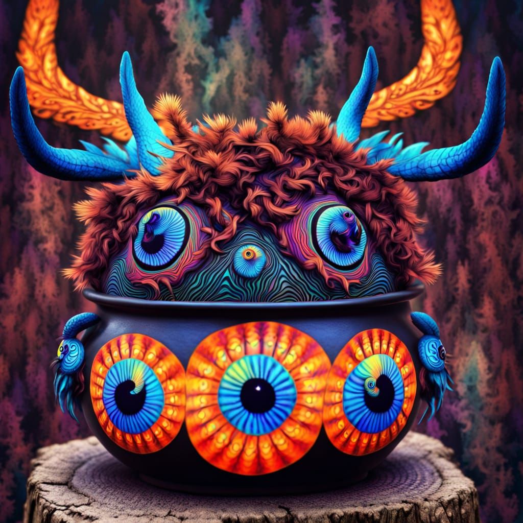 Gothic Bonsai Pot in Psychedelic Geometric Patterns with Gli...