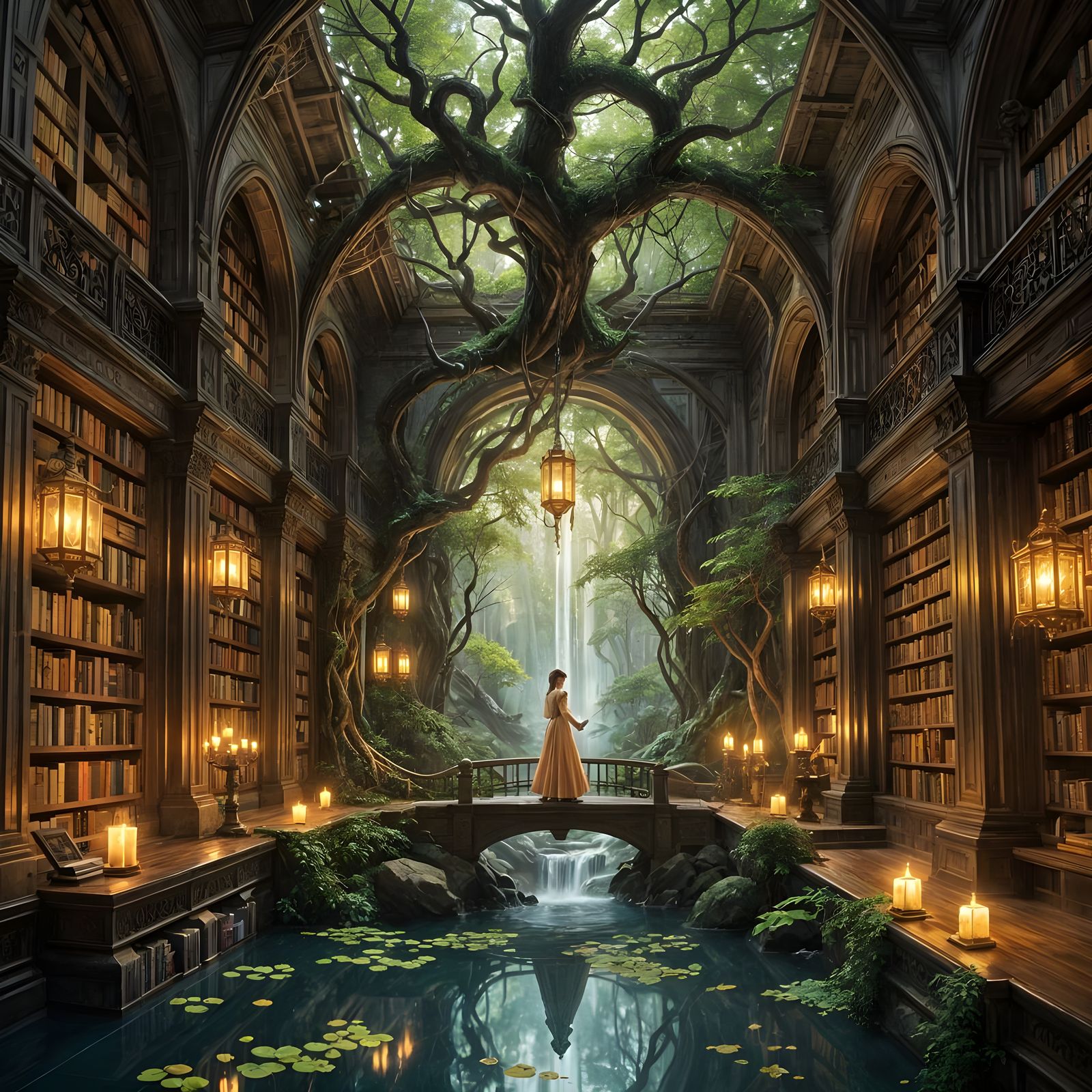 Enchanted Library in a Glowing Forest Sanctuary