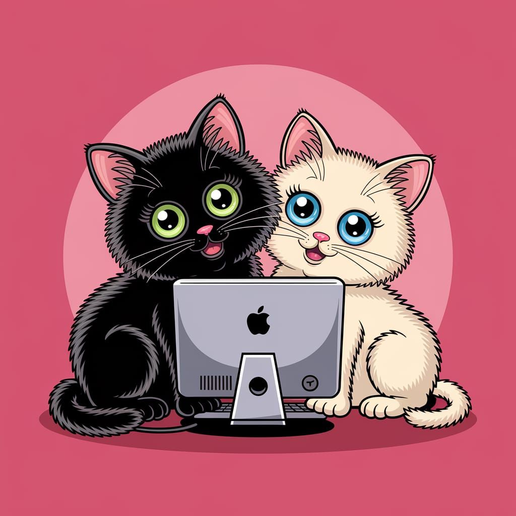 Cute Cartoon Cats in Whimsical Pink Scene